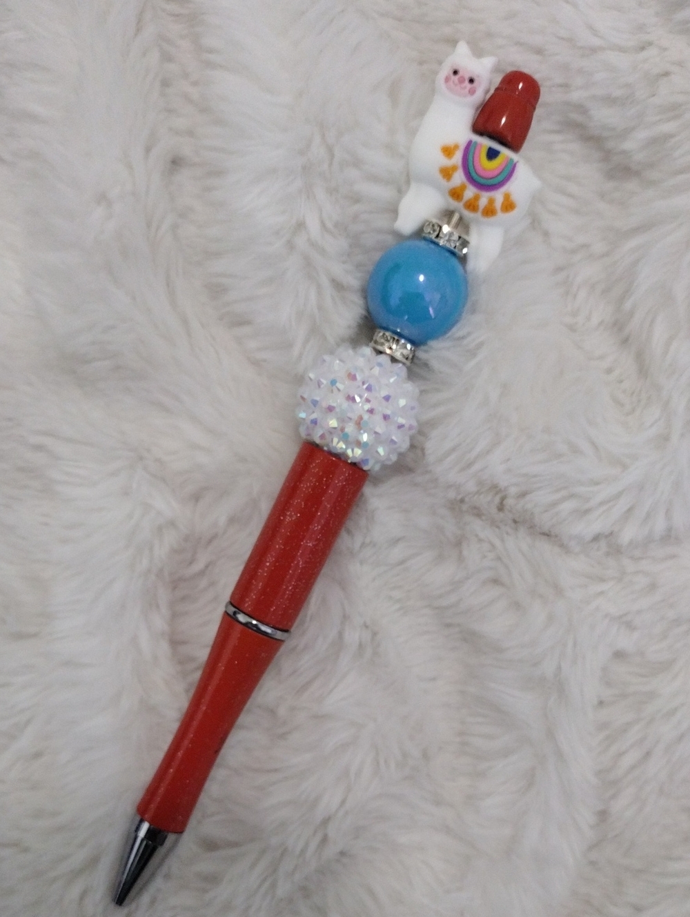 Handcrafted Llama Beaded Red Glitter Pen